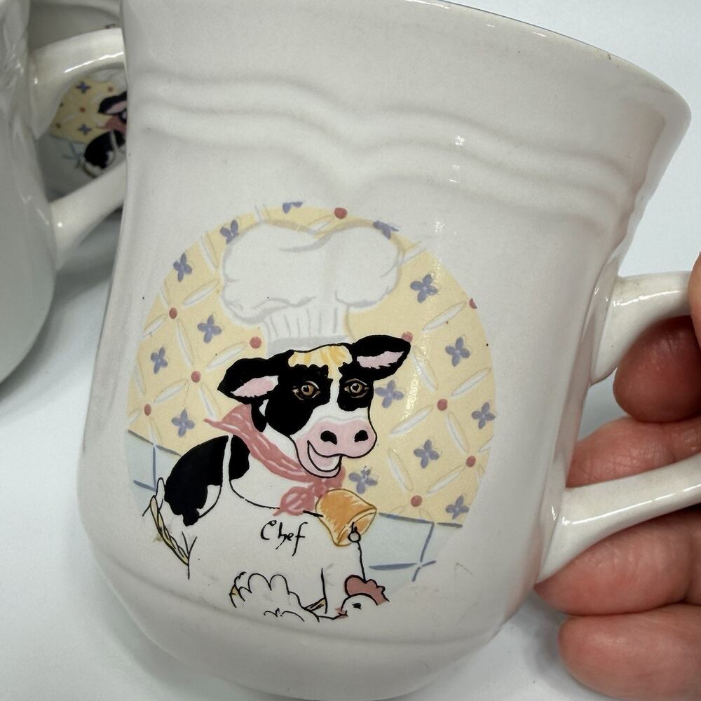 Set 4 Vtg Stoneware Cow Chef Hat Coffee Mugs Country Cottage Blue Pink Newcor